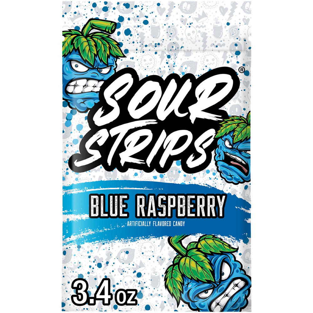Sour Strips Blue Raspberry Flavored Chewy Candy Bag, 3.4 oz