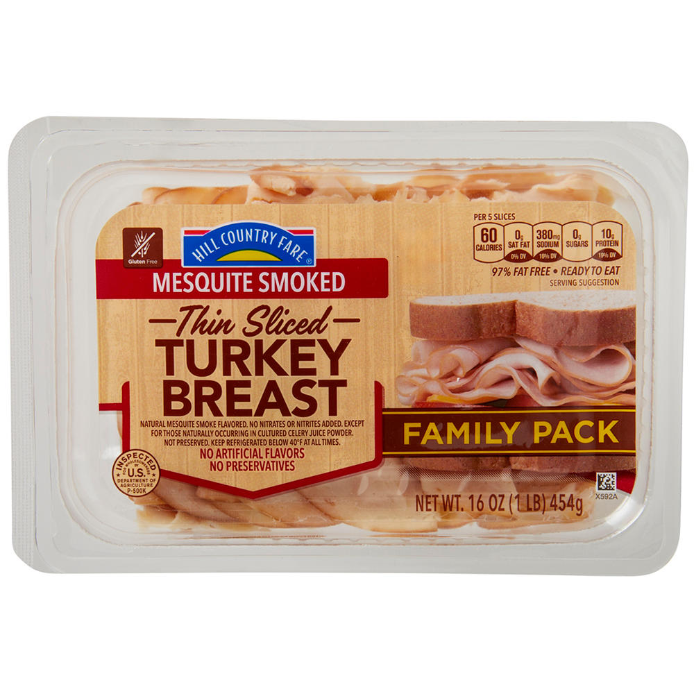 Hill Country Fare Thin Sliced Mesquite-Smoked Turkey Breast Lunch Meat - Family Pack, 16 oz