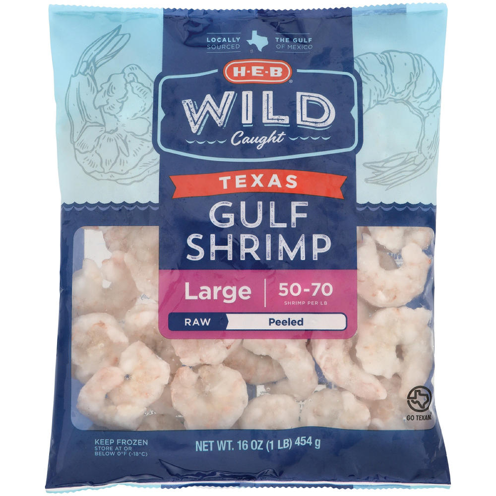 H-E-B Wild Caught Frozen Peeled Large Texas Gulf Raw Shrimp, 50 - 70 ct/lb, 1 lb