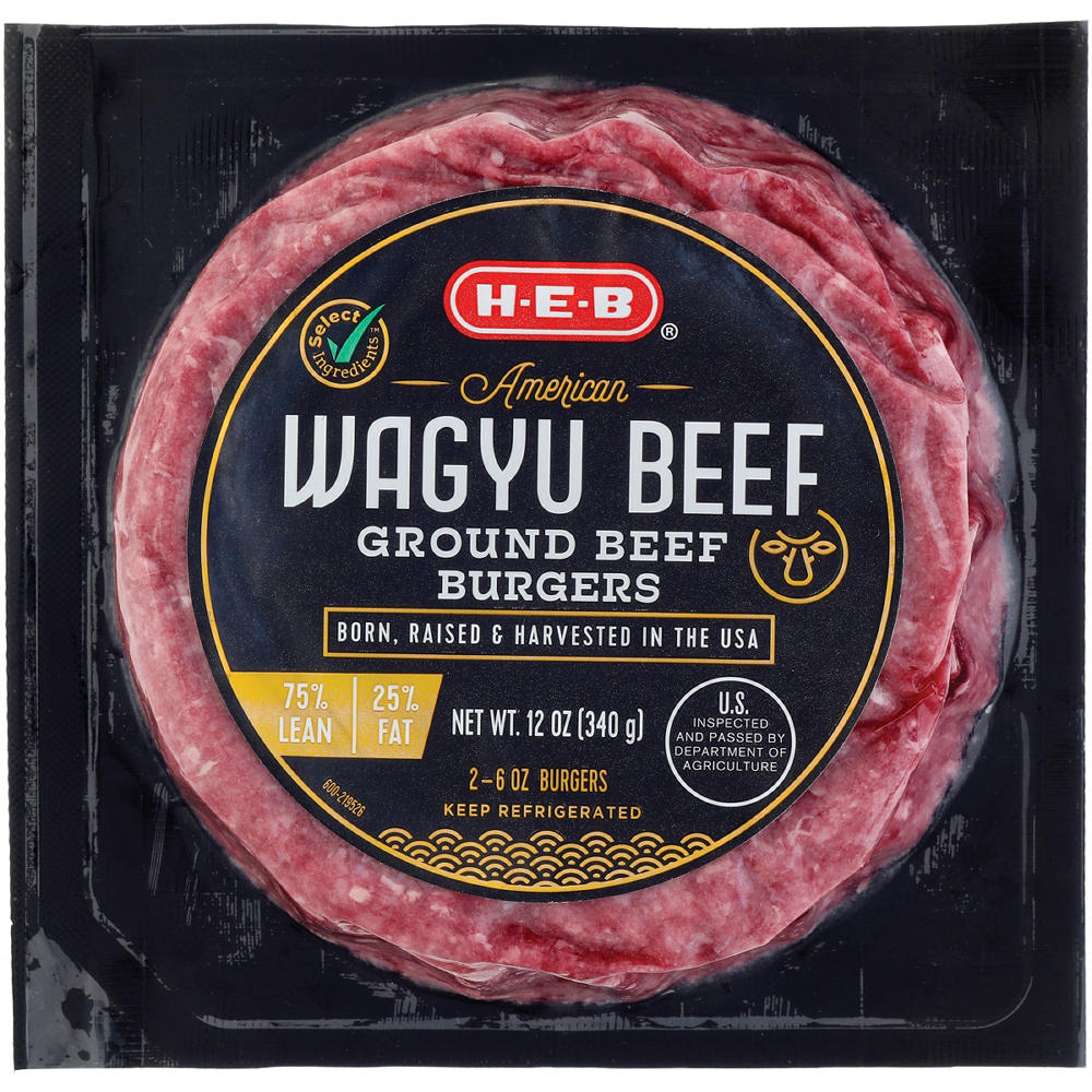 H-E-B American Style Wagyu Ground Beef Burger Patties, 75% Lean, 2 ct