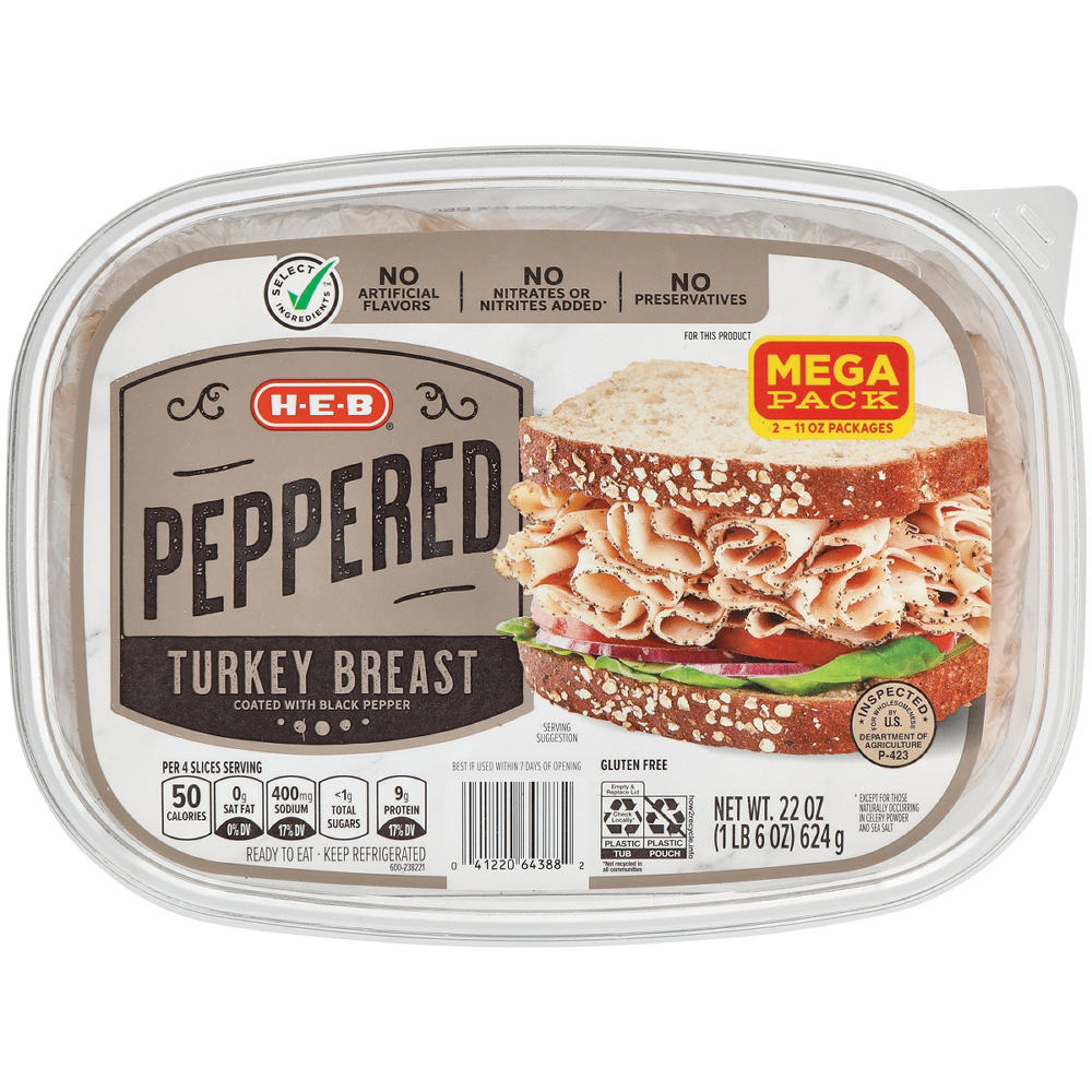 H-E-B Peppered Turkey Breast Lunch Meat - Mega Pack, 22 oz