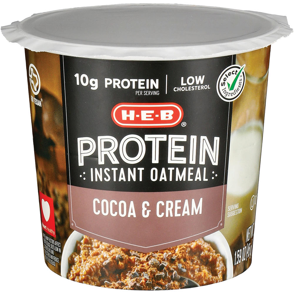 H-E-B 10g Protein Instant Oatmeal Cup - Cocoa & Cream, 1.59 oz
