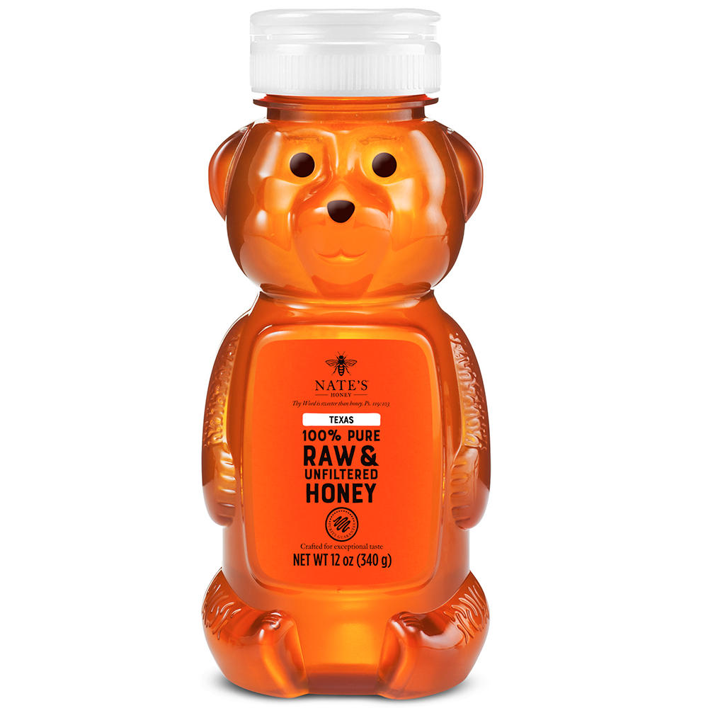 Nate's Honey 100% Pure Raw Unfiltered Texas Honey Squeeze Bear, 12 oz