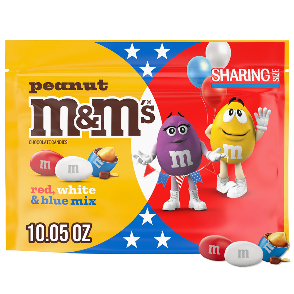 M&M'S Peanut Milk Chocolate Red White & Blue Summer Candy - Sharing Size, 10.05 oz