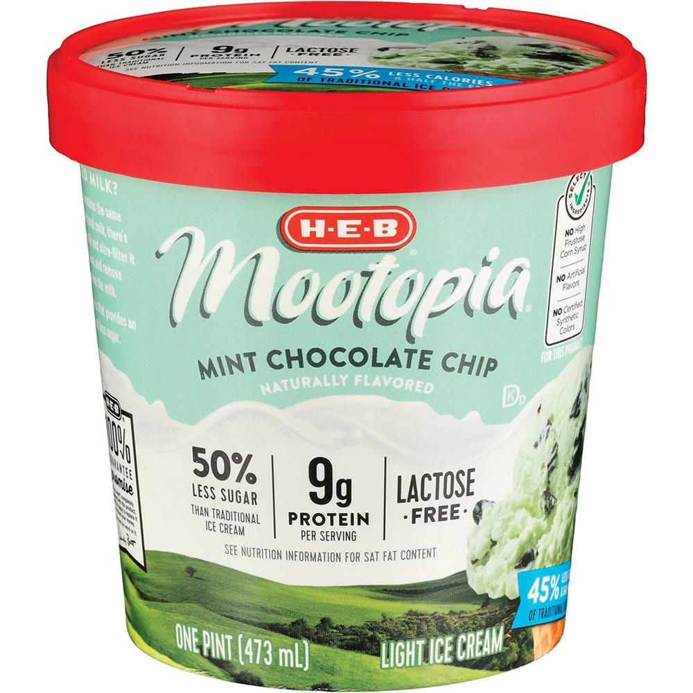 H-E-B Mootopia Mint Chocolate Chip 9g Protein Lactose Free Light Ice Cream, 1 pt
