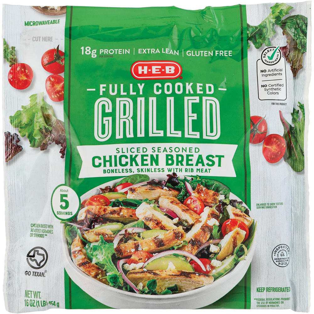 H-E-B Fully Cooked Sliced & Seasoned Grilled Chicken Breast, 16 oz