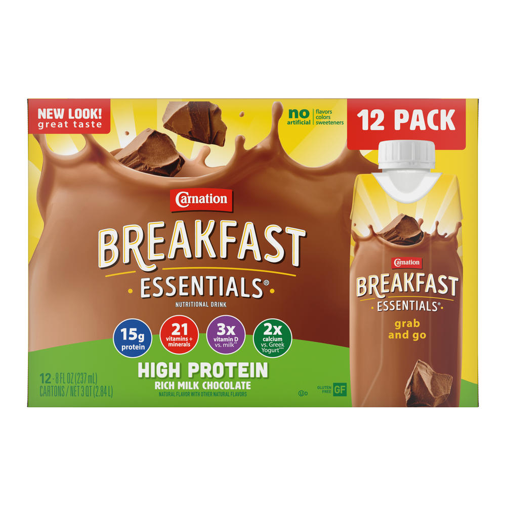 Carnation Breakfast Essentials High Protein Rich Milk Chocolate Nutritional Drink 8 oz Bottles, 12 pk