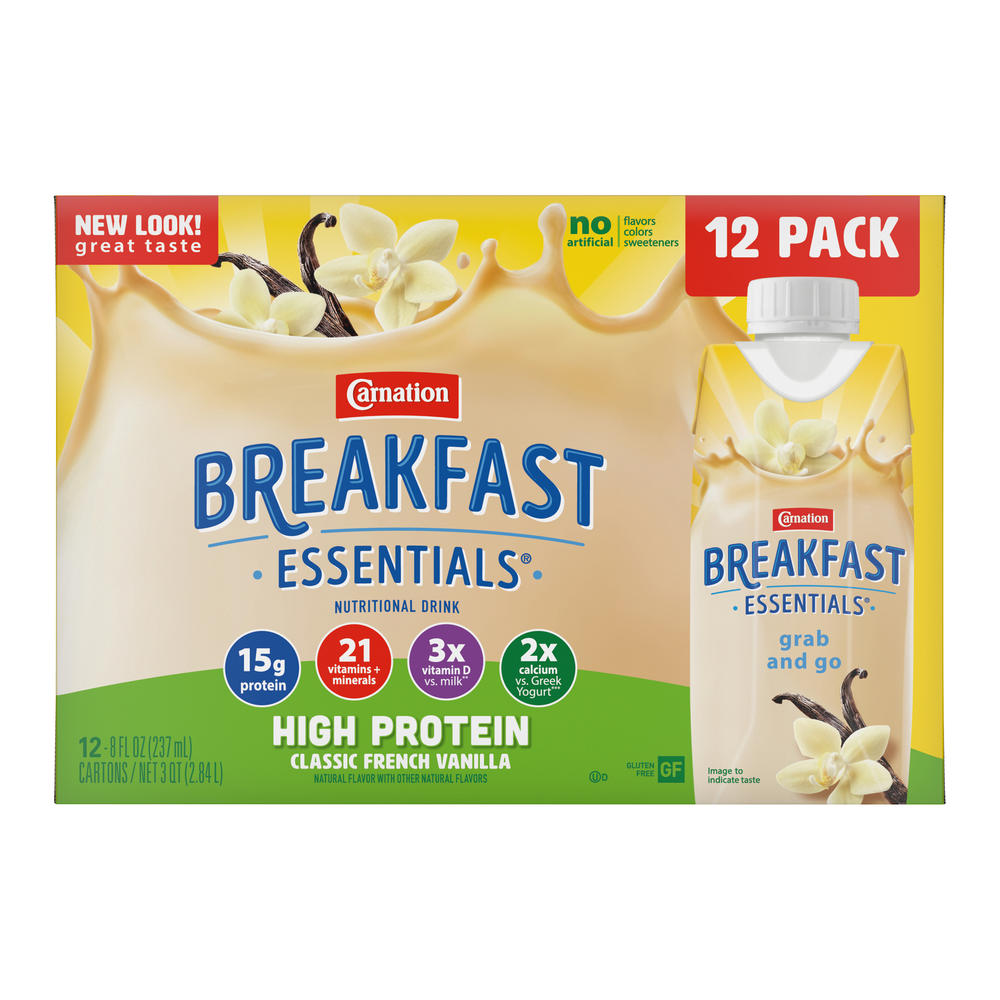 Carnation Breakfast Essentials High Protein Classic French Vanilla Nutritional Drink 8 oz Bottles, 12 pk