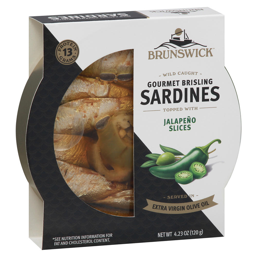 Brunswick Gourmet Brisling Sardines In Extra Virgin Olive Oil Topped with Jalapeno Slices, 4.23 oz