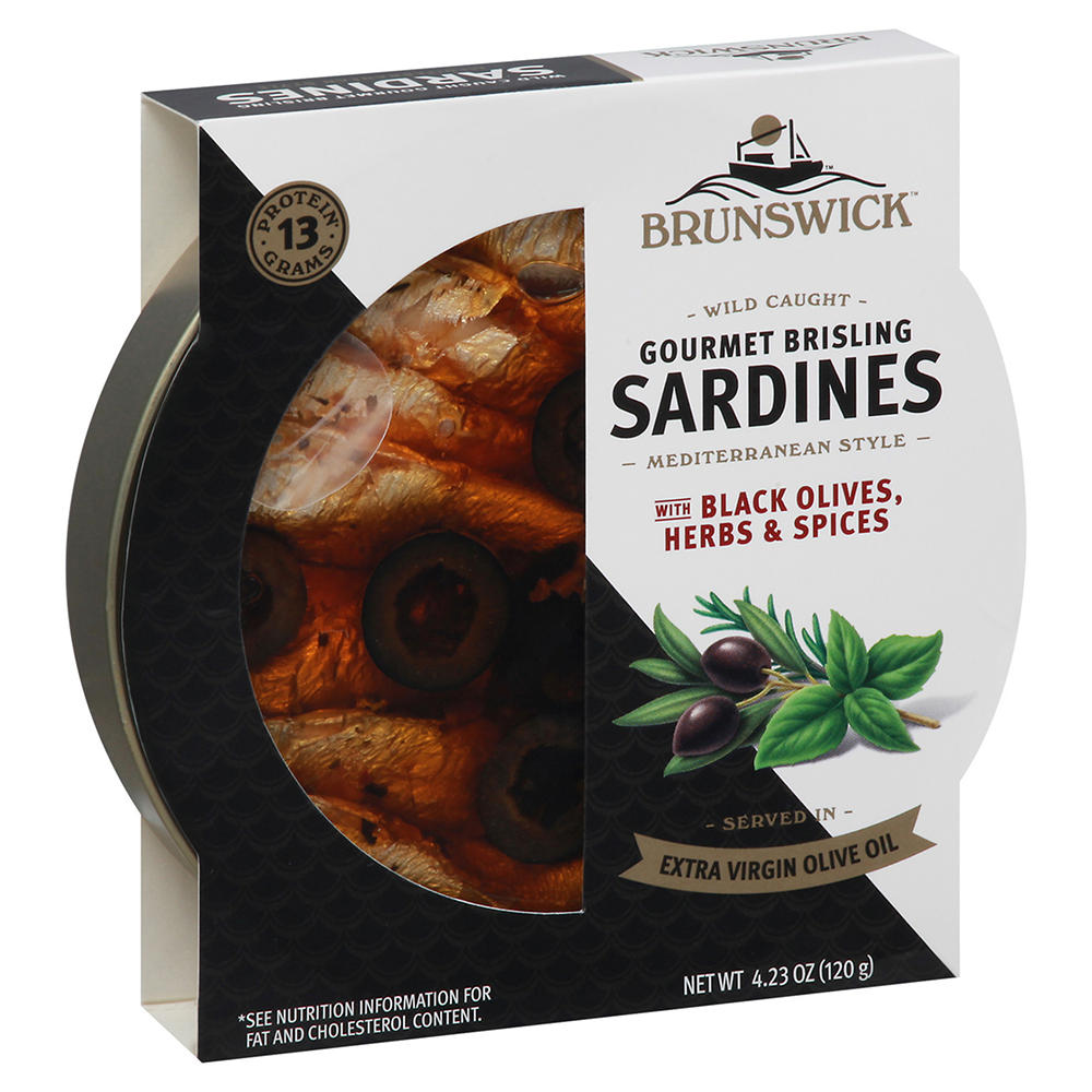 Brunswick Gourmet Brisling Sardines In Extra Virgin Olive Oil with Black Olives, Herbs & Spices, 4.23 oz