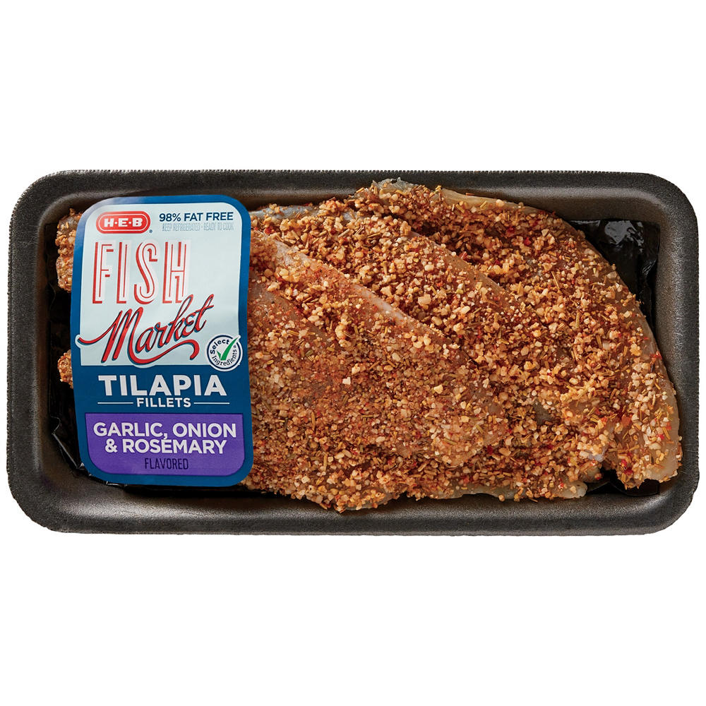 H-E-B Fish Market Seasoned Tilapia Fillets - Garlic Onion & Rosemary, Avg. 1.05 lbs