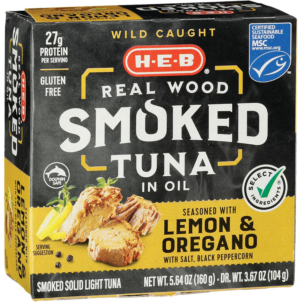 H-E-B Wild Caught Real Wood Smoked Light Tuna in Oil - Lemon & Oregano, 5.64 oz