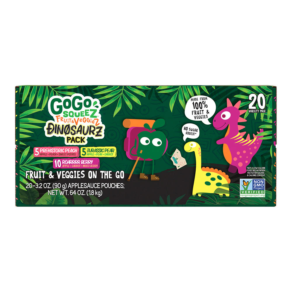 GoGo squeeZ Fruit & VeggieZ Dino Pear Peach Carrot Applesauce Pouches, 20 ct