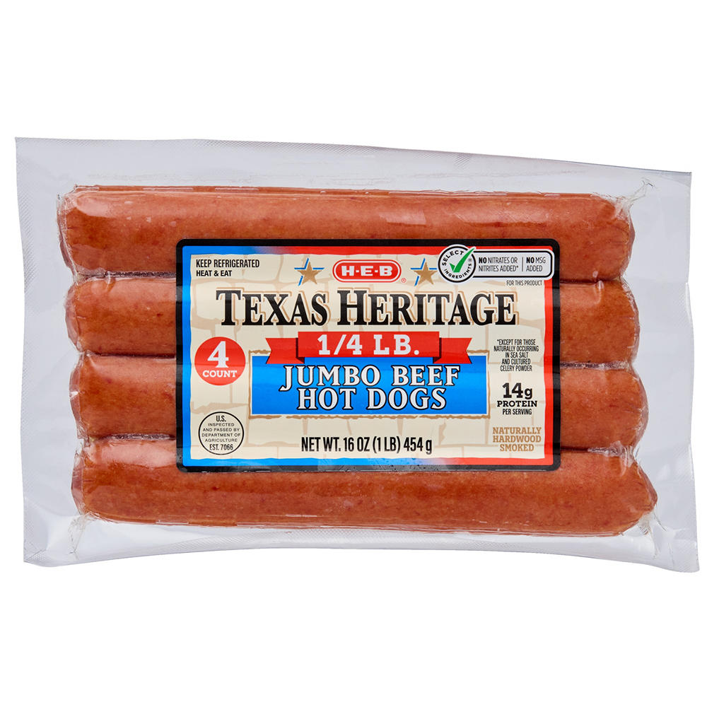 H-E-B Texas Heritage Jumbo Beef Hot Dogs - 1/4 lb, 4 ct