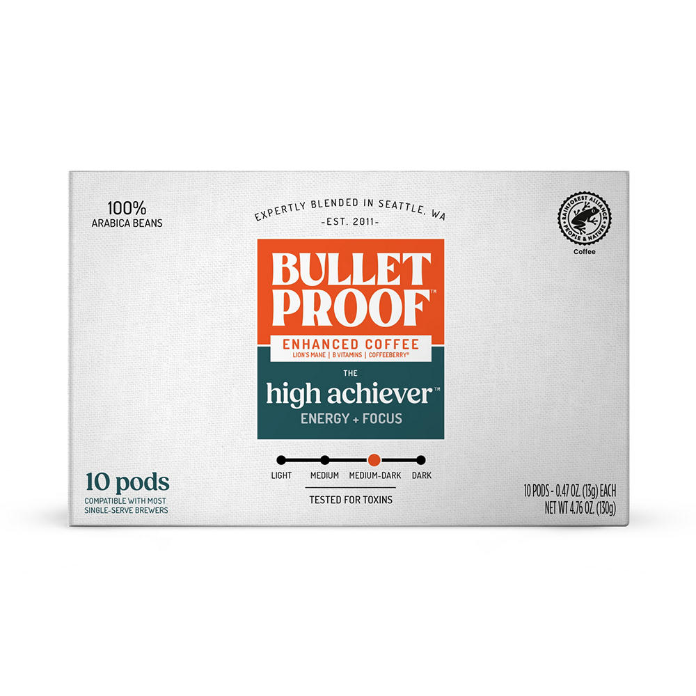 Bulletproof High Achiever Enhanced Medium Dark Roast Single Serve Coffee Cups, 10 ct