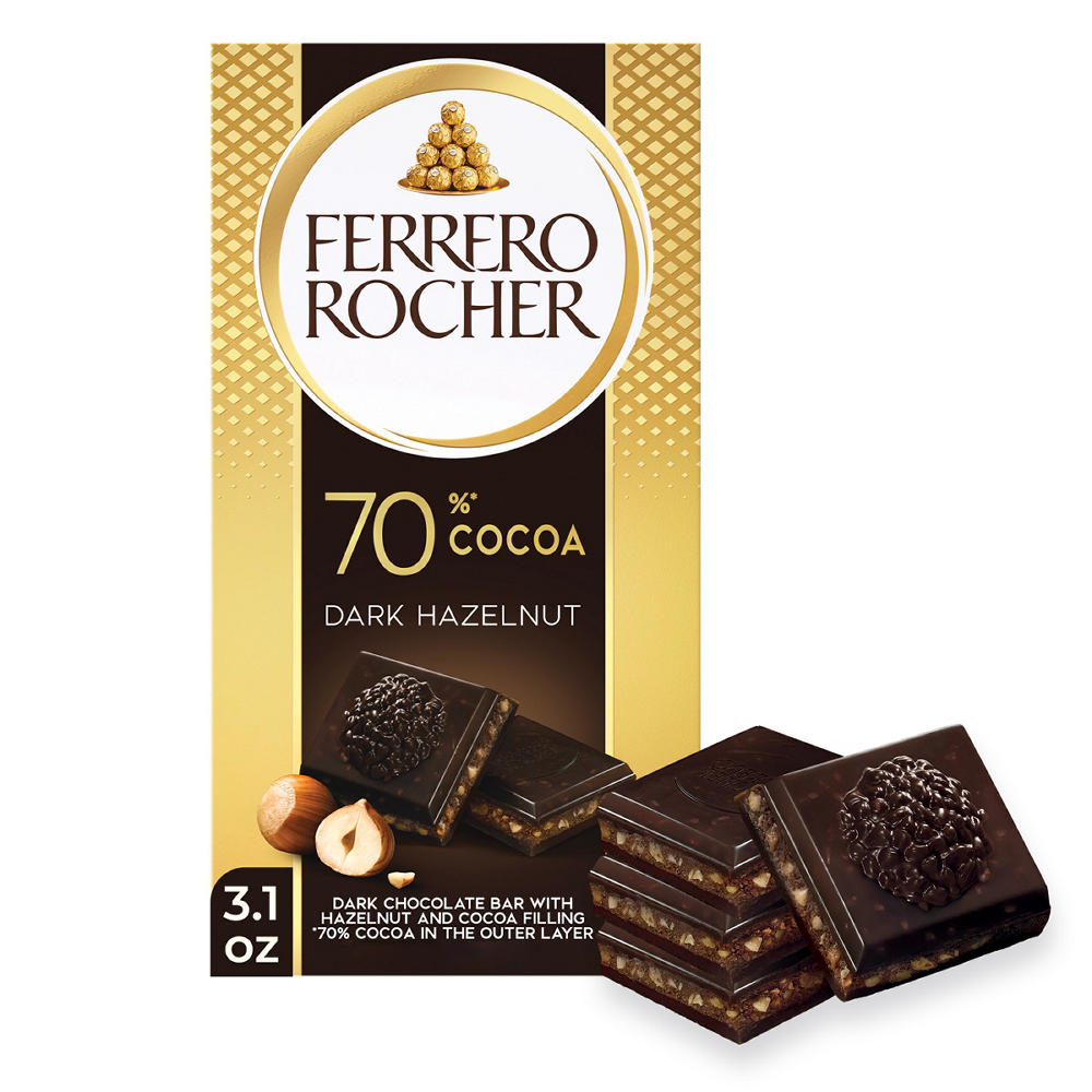 Ferrero Rocher 70% Cocoa Dark Hazelnut Chocolate Bar, 3.1 oz