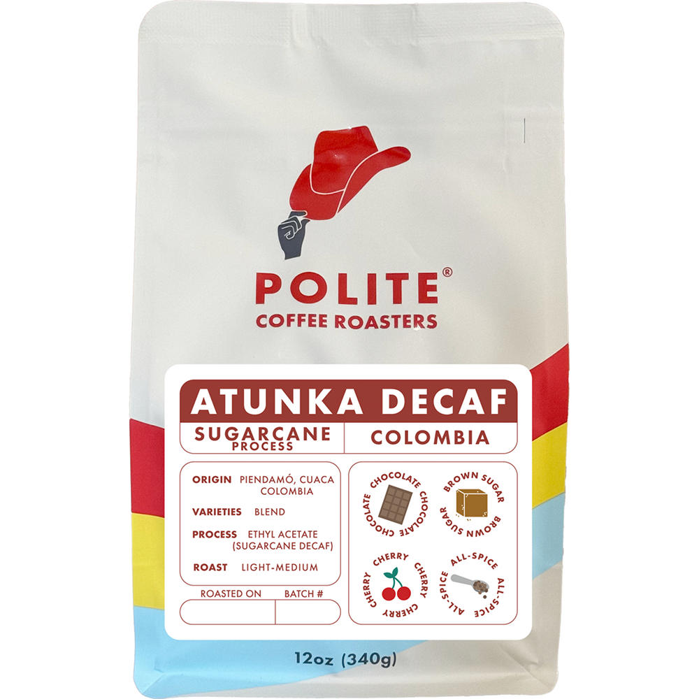 Polite Coffee Roasters Atunka Colombia Decaf Light Medium Roast Whole Bean Coffee, 12 oz