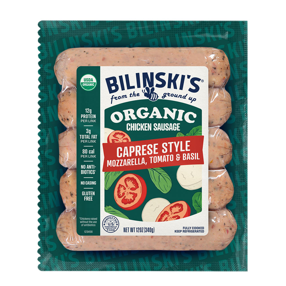 BILINSKI'S Organic Chicken Sausage Links - Caprese Style Tomato Basil & Mozzarella, 5 ct
