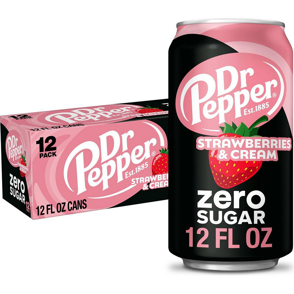 Dr Pepper Zero Sugar Strawberries & Cream Soda 12 pk Cans, 12 oz
