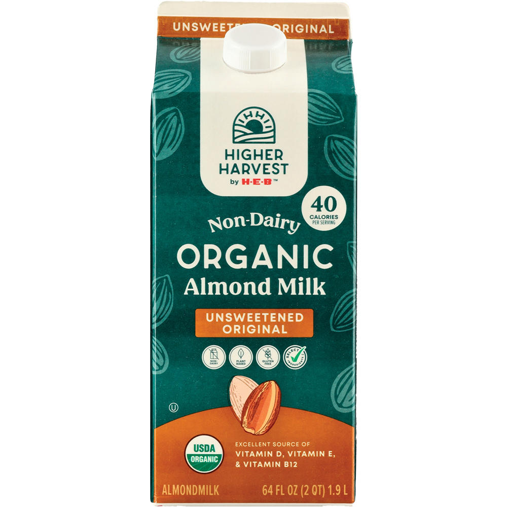 Higher Harvest by H-E-B Organic Non-Dairy Unsweetened Original Almond Milk, 1/2 gal