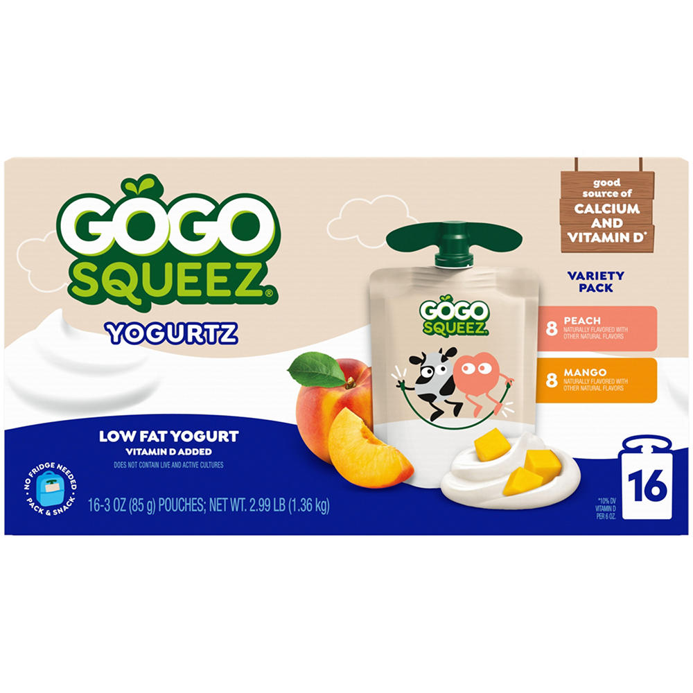 GoGo squeeZ yogurtZ Low Fat Mango/Peach Yogurt Variety Pack Snack Pouches, 16 ct