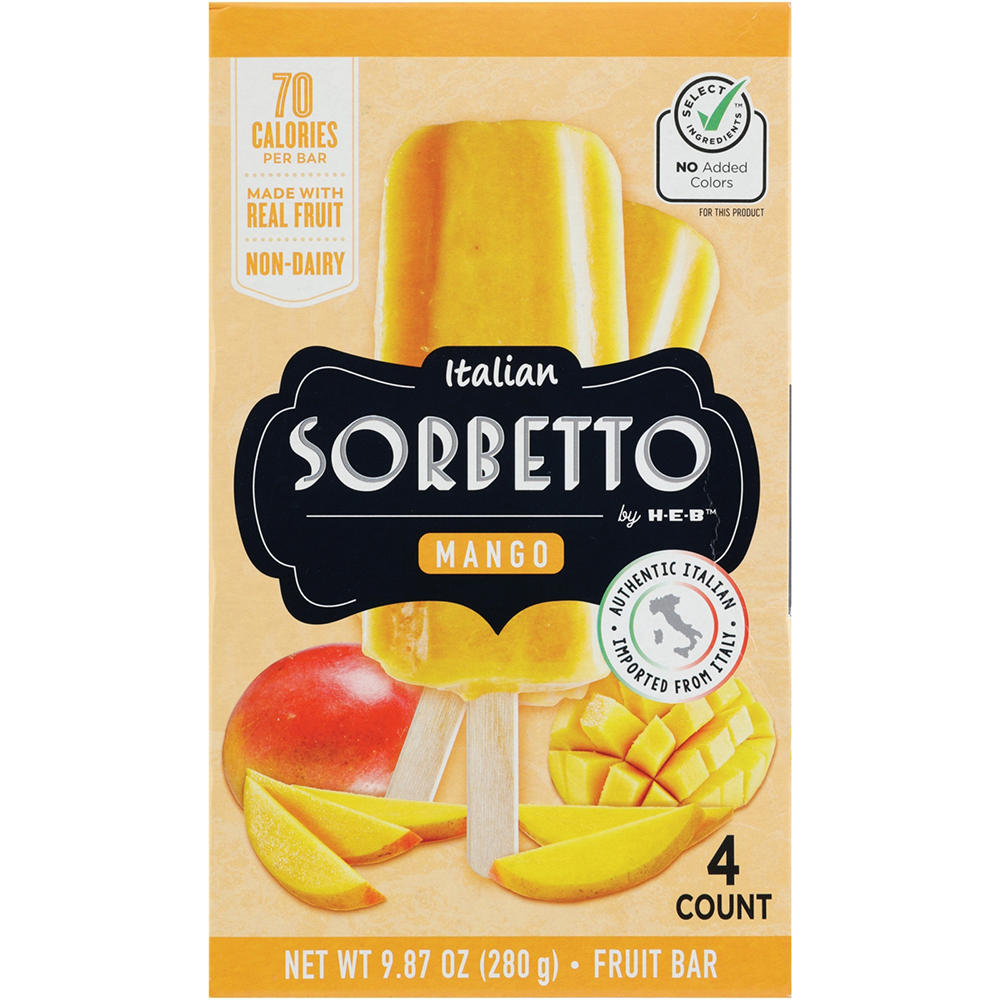 Italian Sorbetto by H-E-B Mango Non-Dairy Frozen Fruit Bars, 4 ct