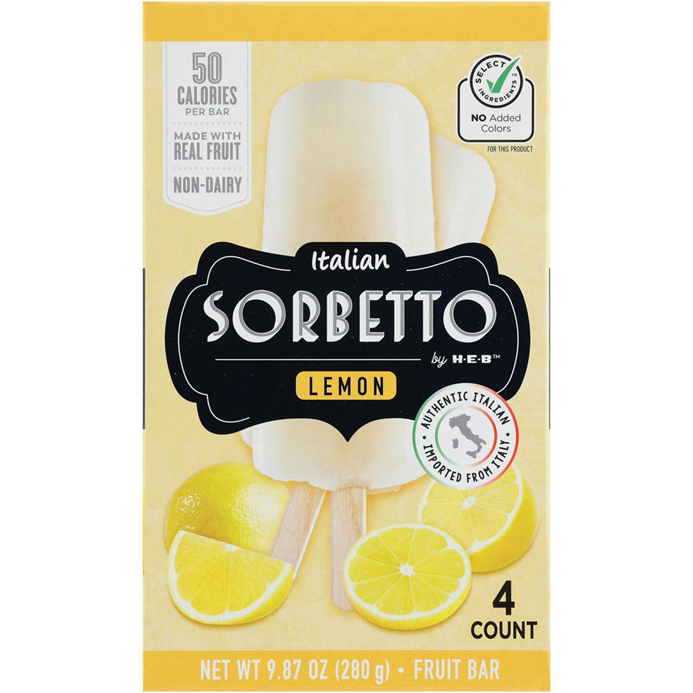 Italian Sorbetto by H-E-B Lemon Non-Dairy Frozen Fruit Bars, 4 ct