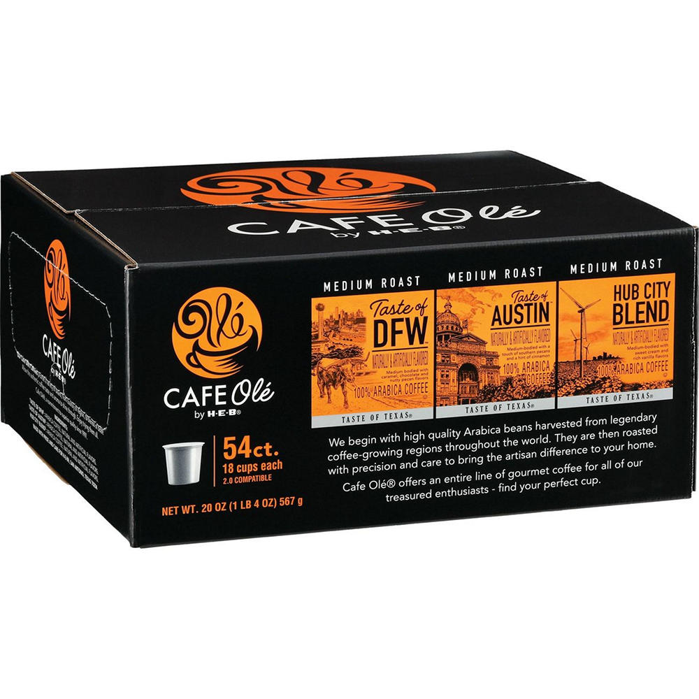 CAFE Olé by H-E-B Taste of DFW, Austin & Hub City Blend Coffee Single Serve Cups - Variety Pack, 54 ct
