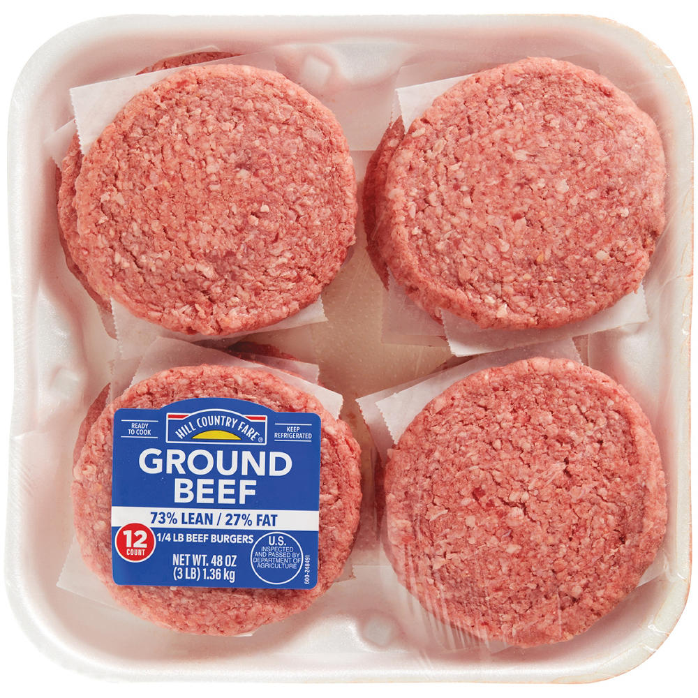 Hill Country Fare Ground Beef Burger Patties, 73% Lean - Texas-Size Pack, 12 ct