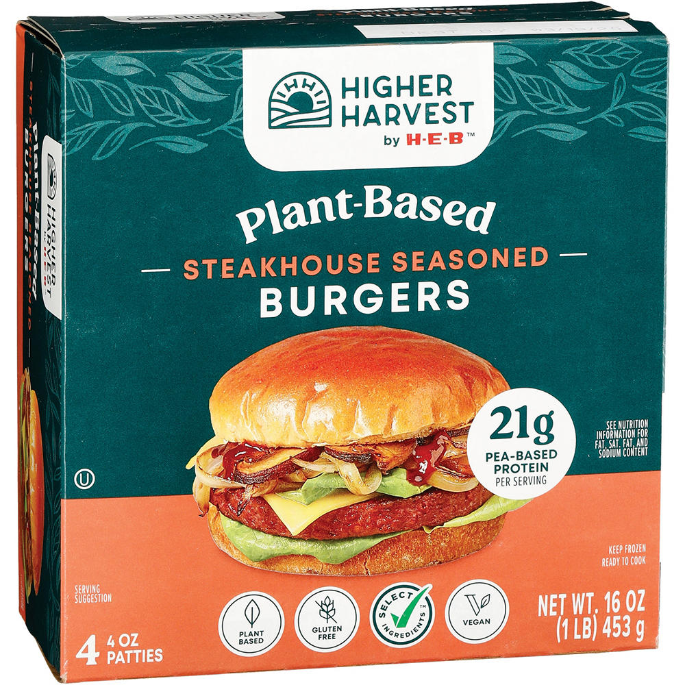 Higher Harvest by H-E-B Frozen Plant-Based Burger Patties – Steakhouse Seasoned, 4 ct