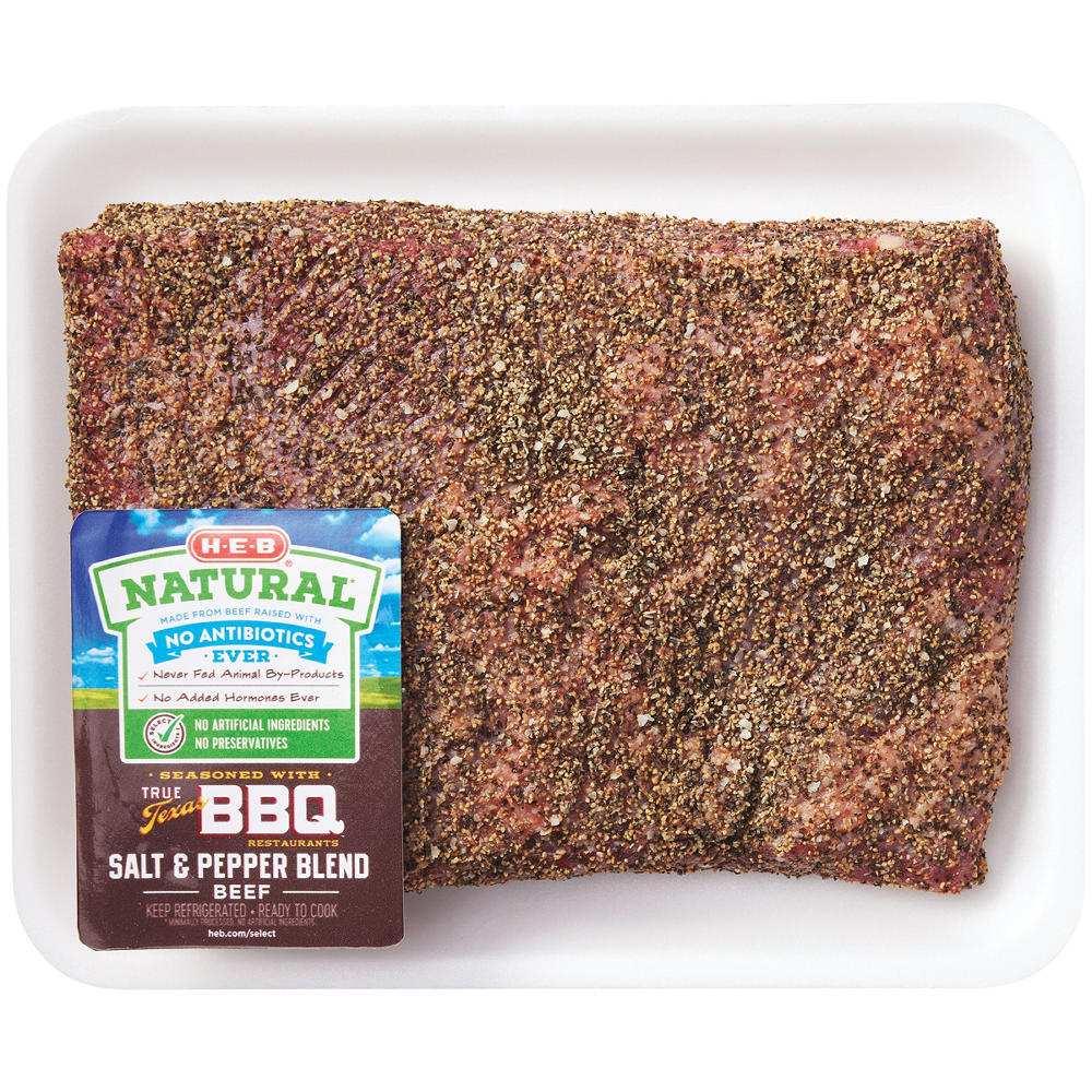 H-E-B Natural Seasoned Trimmed Boneless Beef Brisket Flat - True Texas BBQ Salt & Pepper, Avg. 2.9 lbs