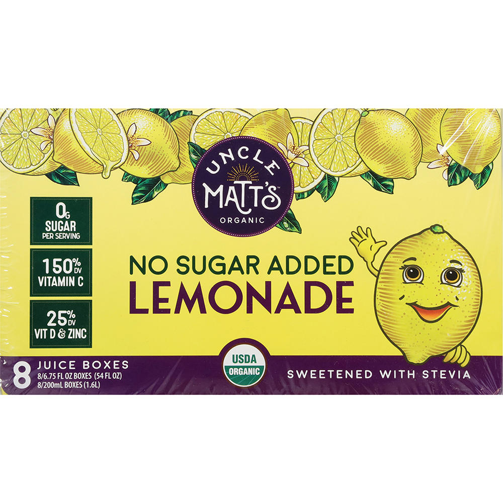 Uncle Matt's Organic Lemonade No Sugar Added 8 pk Boxes, 6.75 oz