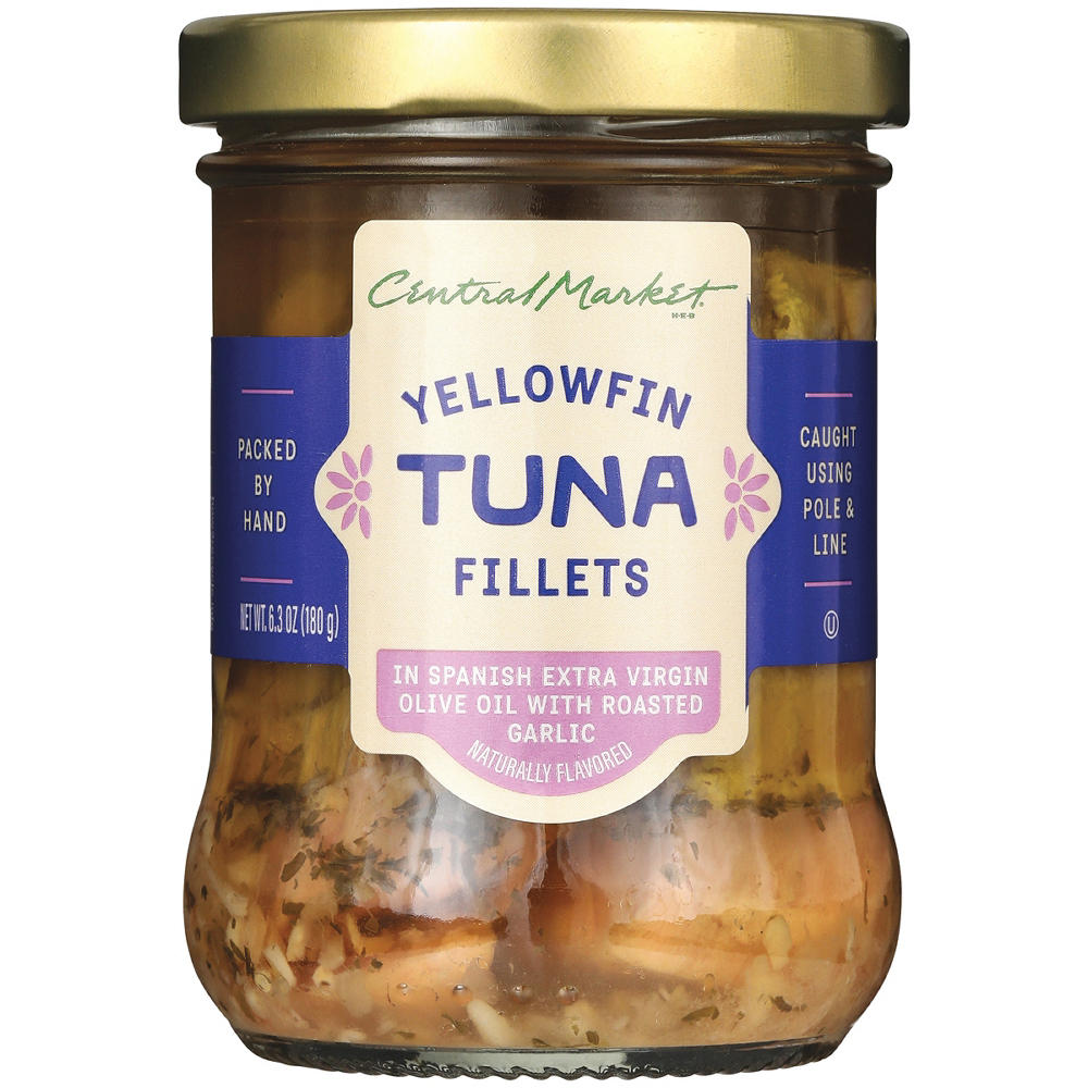 Central Market Yellowfin Tuna Fillets - Spanish Extra Virgin Olive Oil & Roasted Garlic, 6.3 oz