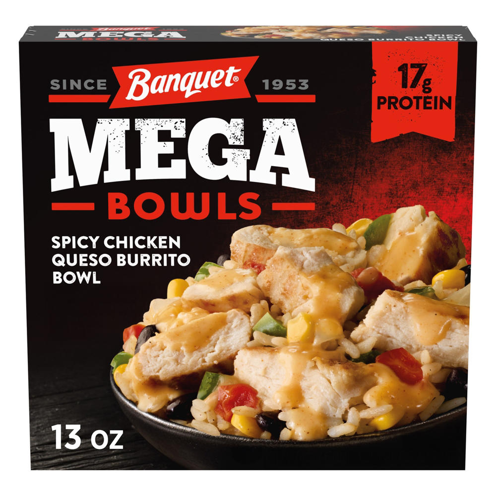 Banquet MEGA Bowls Spicy Chicken Queso Burrito Bowl Frozen Meal, 13 oz