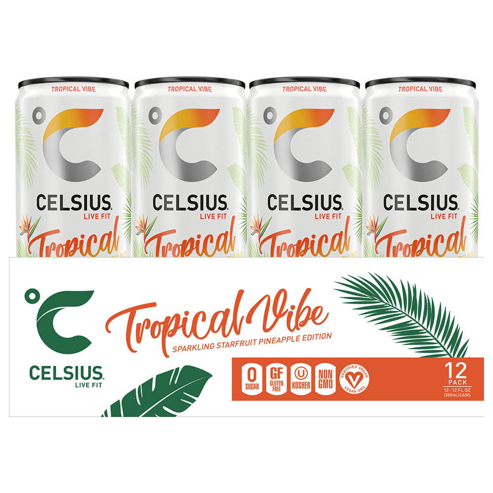 Celsius Sparkling Zero Sugar Energy Drinks 12 pk Cans - Tropical Vibe, 12 oz