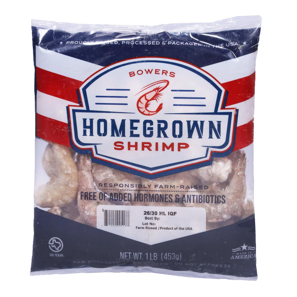 Bowers Homegrown Frozen Shell-On Extra Large White Raw Shrimp, 26-30ct/lb, 16 oz