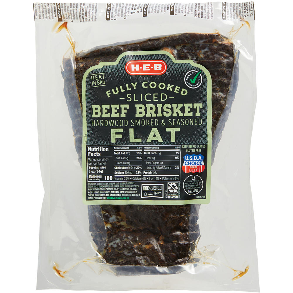 H-E-B Fully Cooked Seasoned Sliced Beef Brisket Flat, Avg. 2.3 lbs