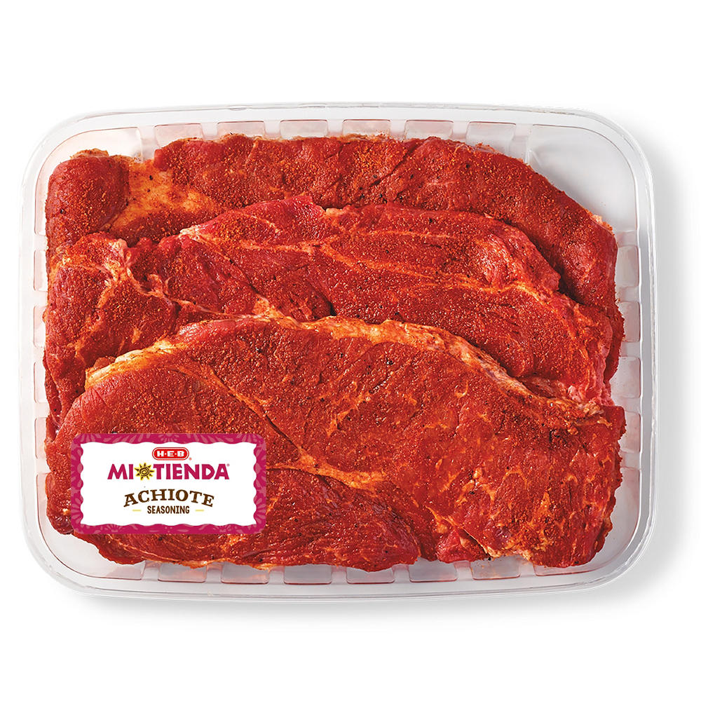 H-E-B Mi Tienda Seasoned Boneless Beef Chuck Steaks – Achiote – Value Pack, Avg. 1.56 lbs