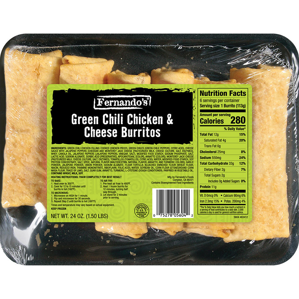 Fernando's Frozen Green Chili Chicken & Cheese Burritos, 6 ct