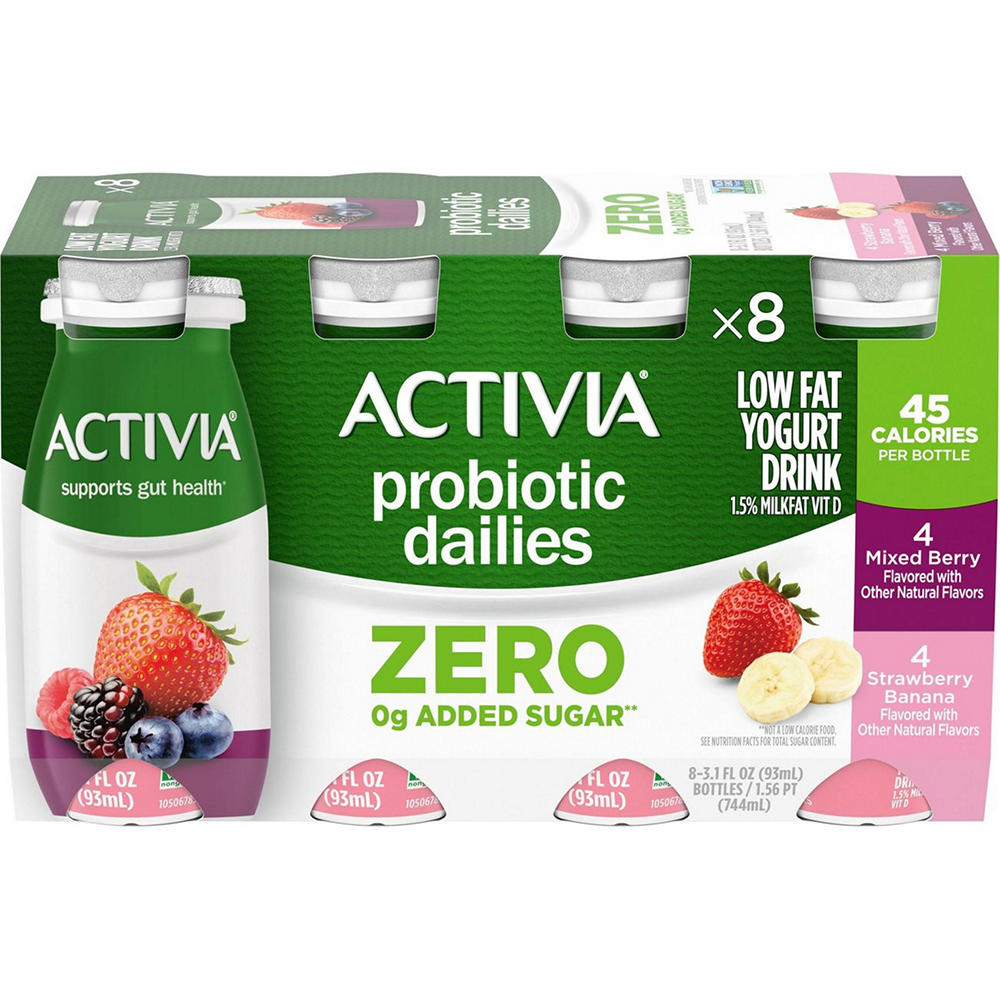 Activia Probiotic Dailies Zero Added Sugar 8 pk Bottles - Strawberry Banana & Mixed Berry, 3.1 oz