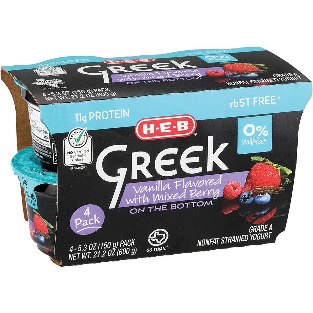 H-E-B 11g Protein Nonfat Greek Yogurt - Vanilla with Mixed Berry on the Bottom, 4 ct