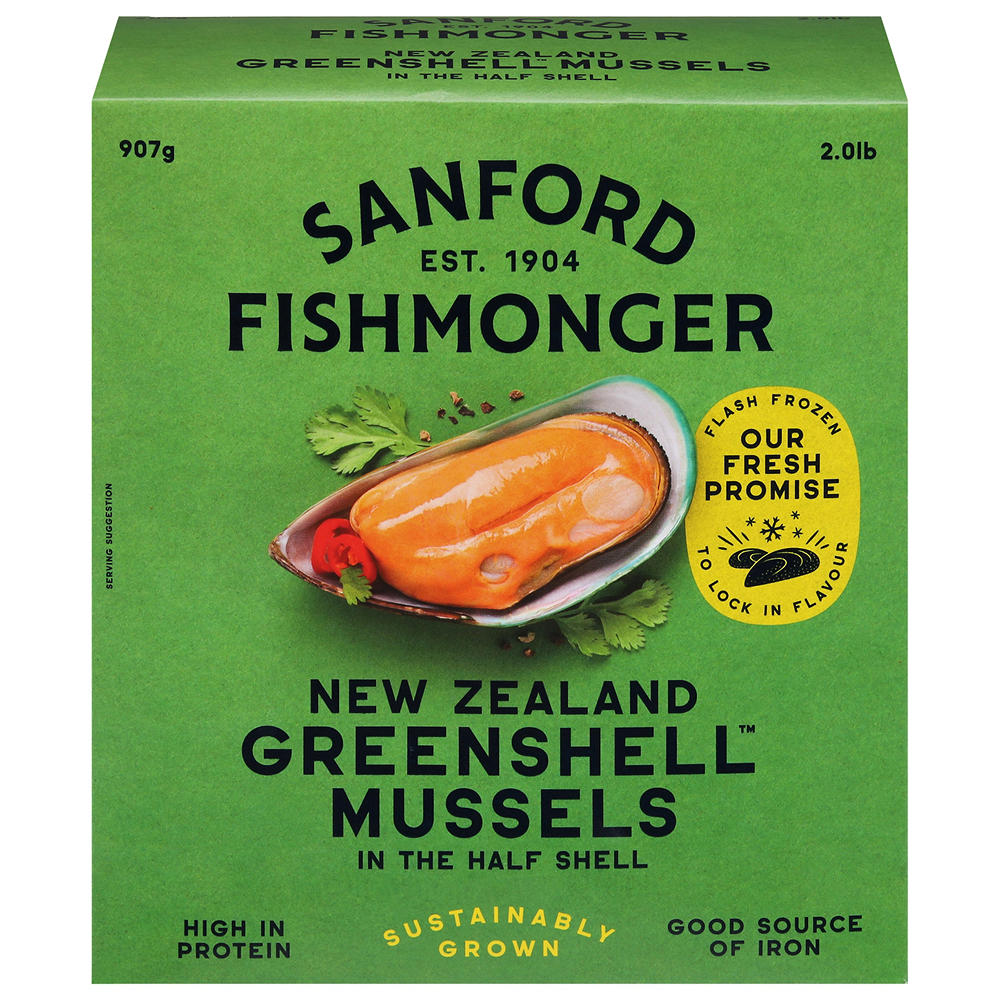 Sanford Fishmonger Frozen Greenshell Mussels in Half Shell, 2 lb