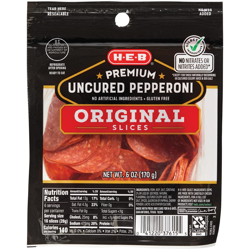 H-E-B Premium Uncured Pepperoni Slices - Original, 6 oz