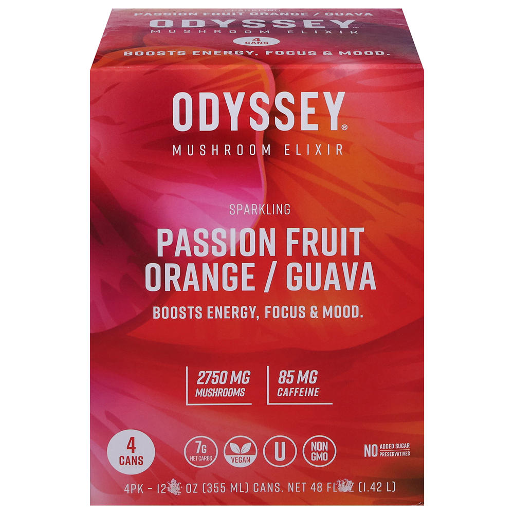 Odyssey Sparkling Elixir 4 pk Cans - Passion Fruit Orange/Guava, 12 oz