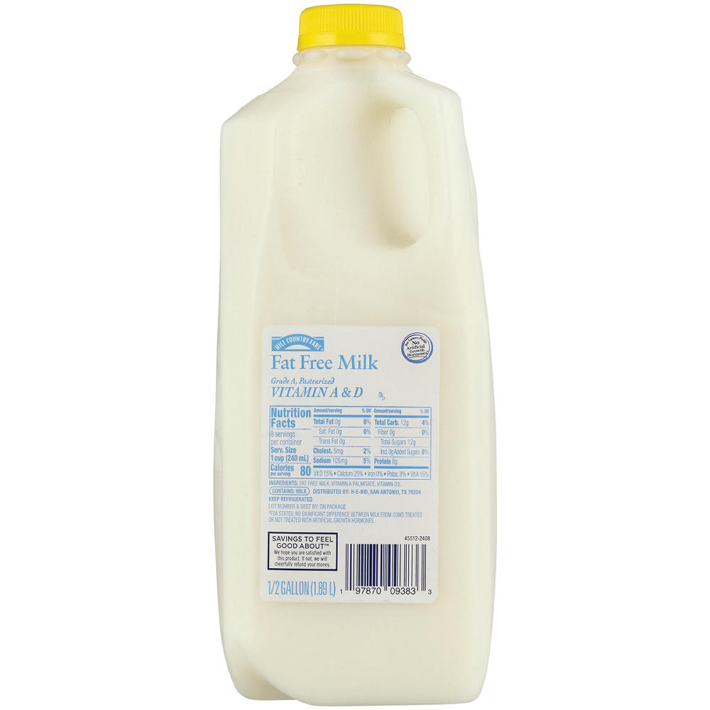 Hill Country Fare Fat Free Milk, 1/2 gal