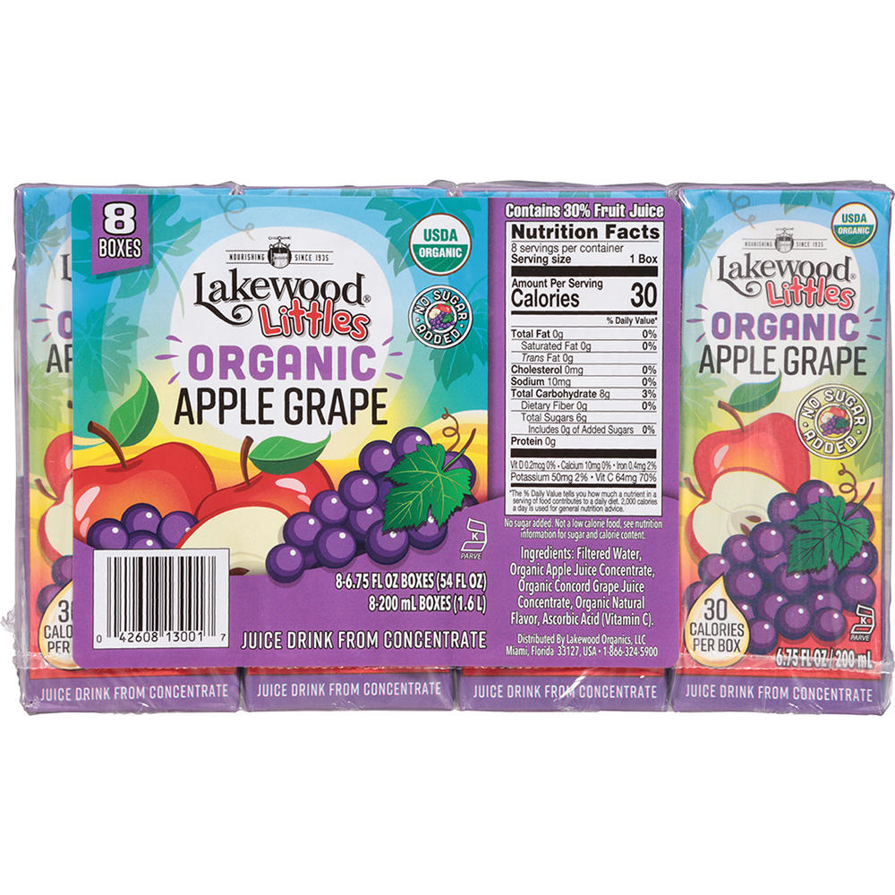 Lakewood Littles Organic Apple Grape Juice 8 pk Boxes, 6.75 oz
