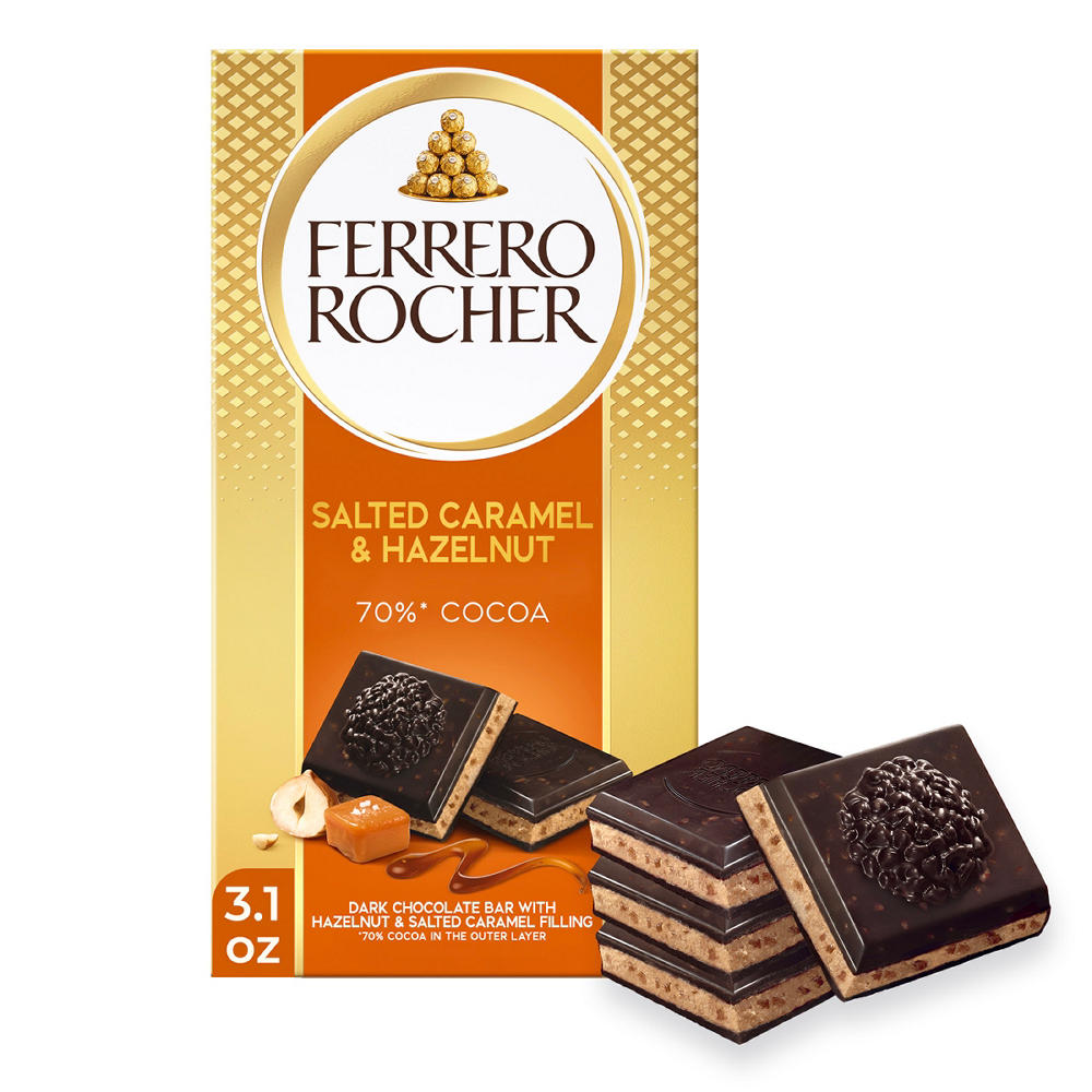 Ferrero Rocher Dark Hazelnut & Crunchy Salted Caramel Chocolate Bar, 3.1 oz