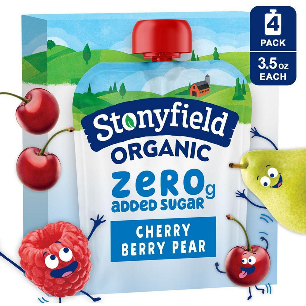 Stonyfield Organic Zero Added Sugar Yogurt 4 pk Pouches - Cherry Berry Pear, 3.5 oz