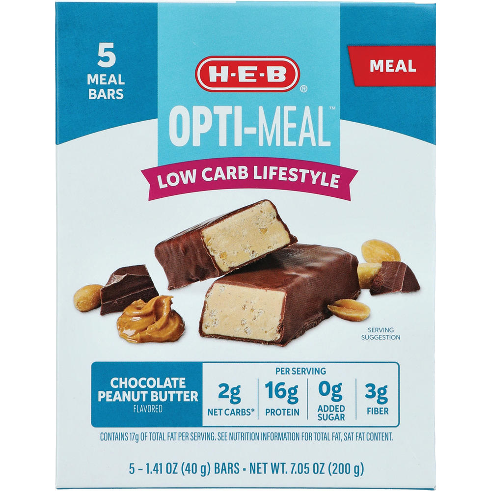 H-E-B OPTI-MEAL Low Carb 16g Protein Bars - Chocolate Peanut Butter, 5 ct