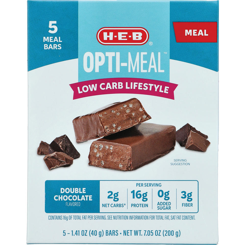 H-E-B OPTI-MEAL Low Carb 16g Protein Bars - Double Chocolate, 5 ct